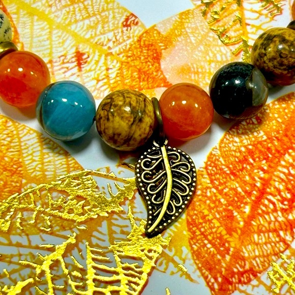 Handmade Fall Leaf Charm Bracelet Featuring Natural Jasper Stones! - Picture 5 of 5